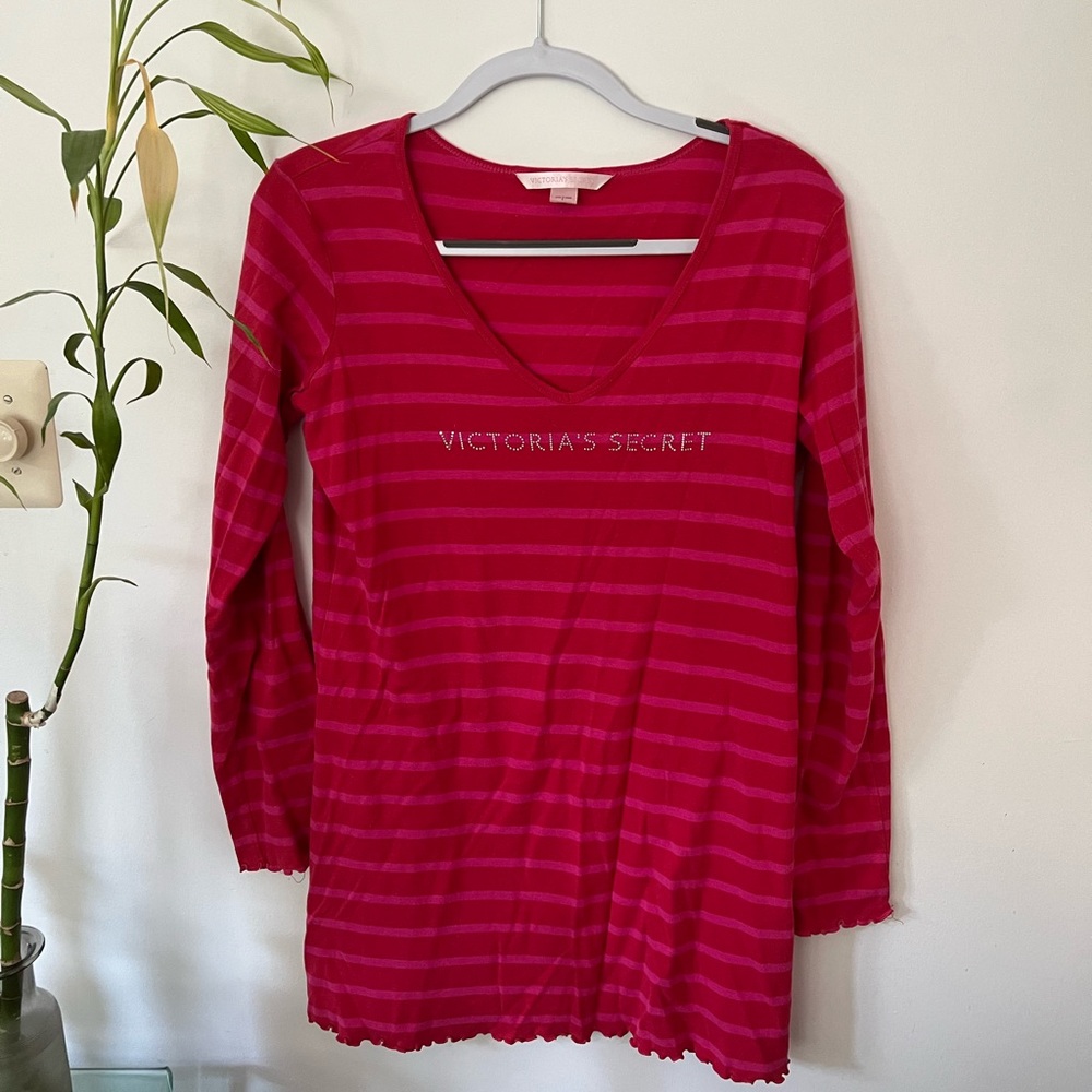 Victoria's Secret Long Sleeve Sleep Shirt Nightgown Pink Stripped - Large